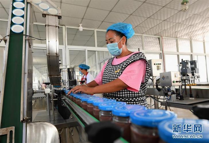 9月28日,乐亭县马头营镇一家海产品加工企业的员工在虾酱罐装生产线上